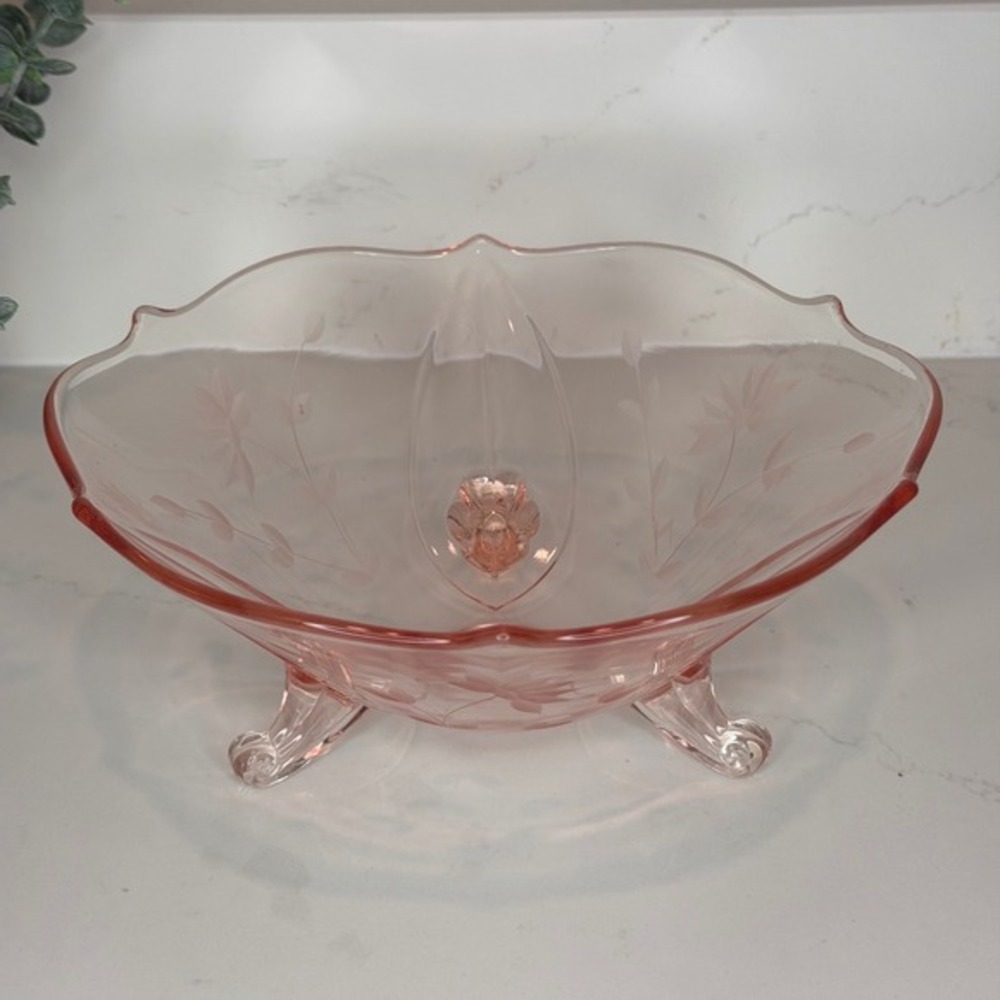 Lancaster Glass Jubilee‎ Pattern Three-Footed Bowl Etched Floral Design